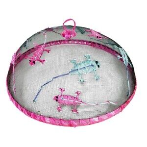 Vintage 60s Pink Domed Embroidered Mesh Raffia Lizards Round Food Cover